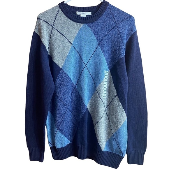 NWT Geoffrey Beene Blue Argyle Plaid Cotton Sweater Size Medium - Picture 1 of 5